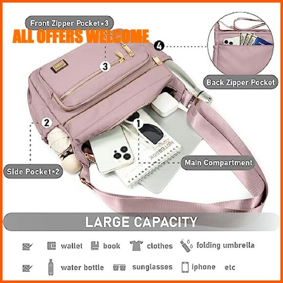 Waterproof Crossbody Bag Multi-Pocket Shoulder Purse Lightweight Polyester - Picture 7 of 8